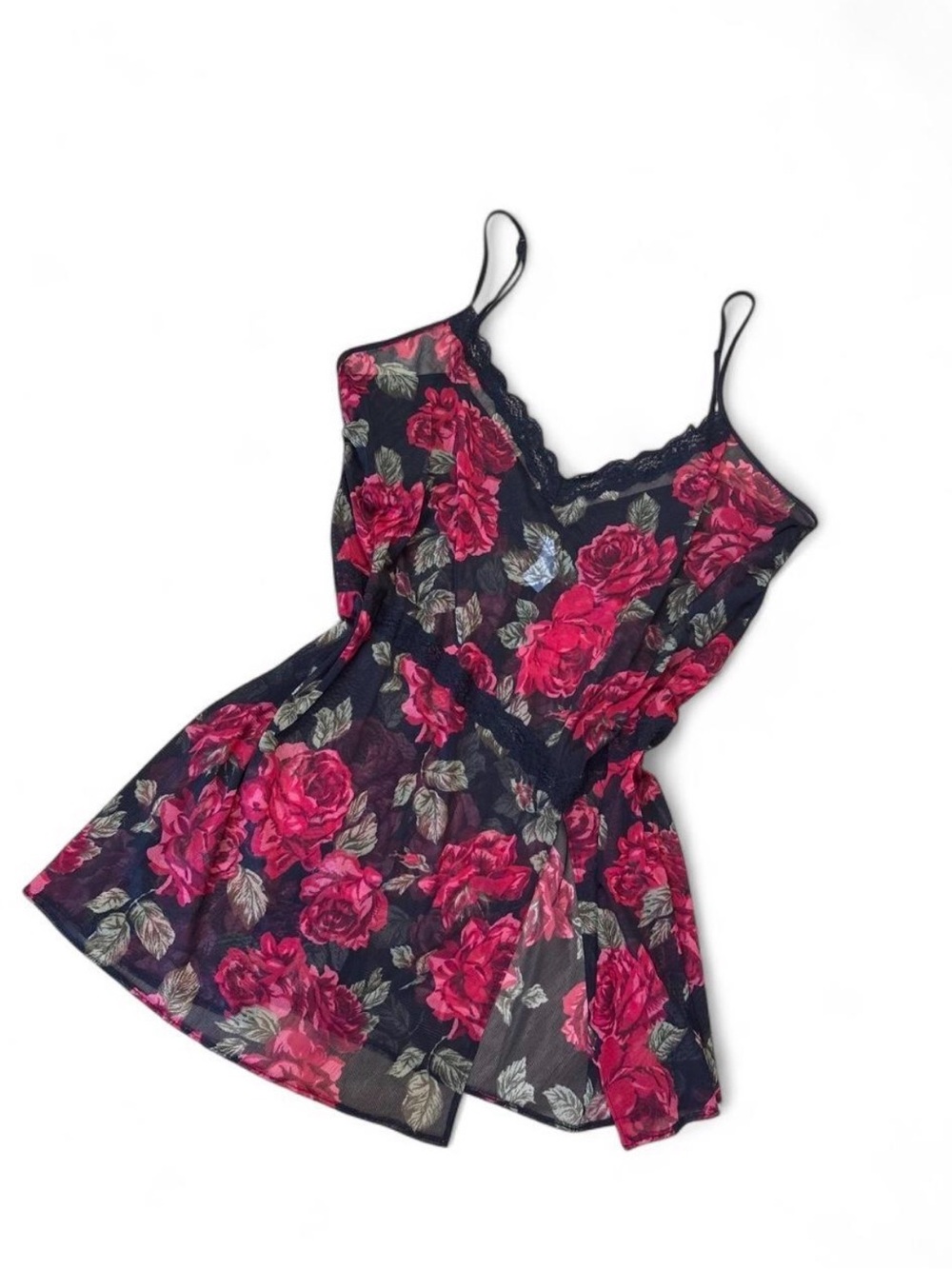 Floral Lace-Trim Slip Dress - Black with Fuchsia Roses